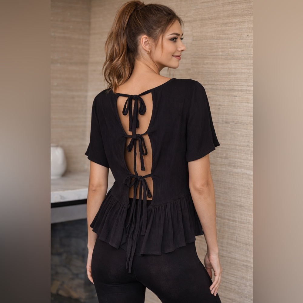 Black Open Back Tie Ruffle Blouse